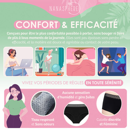 Lot de 3 Culottes Menstruelles 3 Dentelles Coton Bio Modèle Anemone + Sac de Lavage